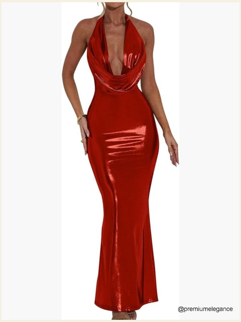 Luxury Metallic Halter Neck Bodycon Party Evening Gown Maxi Dress
